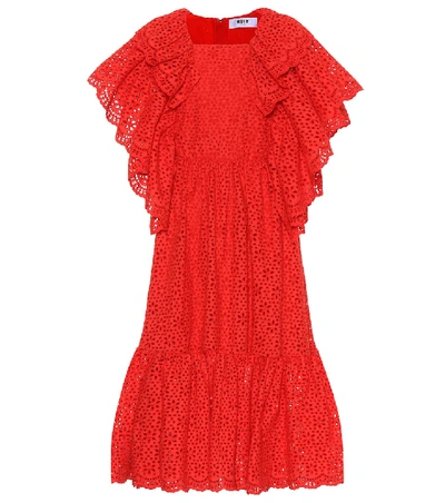 Msgm Ruffle-trimmed Broderie-anglaise Cotton Dress In Red