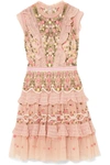 NEEDLE & THREAD TIERED EMBROIDERED TULLE DRESS