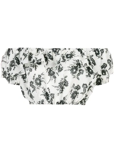 Miu Miu Cropped Off-the-shoulder Floral-print Ramie Top In Off-white