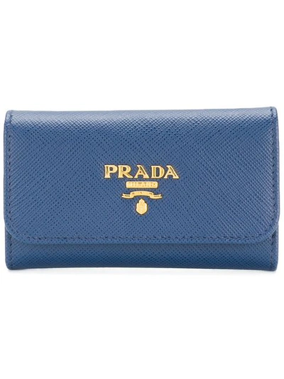 Prada Logo Plaque Key Case In Blue
