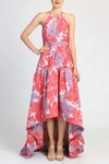 BADGLEY MISCHKA SLEEVELESS CORAL FLORAL HIGH LOW GOWN,EG2367