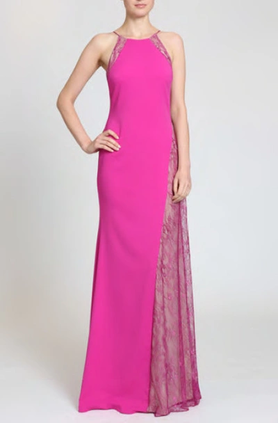 Badgley Mischka Sleeveless Chantilly Lace Inset Evening Gown In Magenta