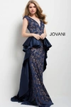 JOVANI NAVY NUDE CAP SLEEVE V NECK BACKLESS LACE GOWN,45168