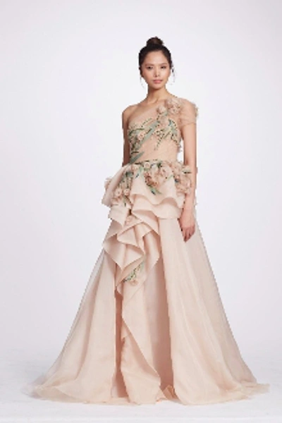 Marchesa One Shoulder Floral Blush Ball Gown