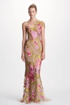MARCHESA COUTURE ONE SHOULDER ILLUSION FLORAL EVENING GOWN,M22820