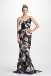 MARCHESA COUTURE BLACK STRAPLESS FLORAL PEPLUM EVENING GOWN,M22822