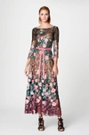 MARCHESA NOTTE BLACK FLORAL SLEEVE MIDI TEA DRESS,N17C0453