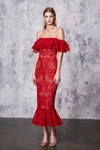 MARCHESA NOTTE RED SLEEVELESS DOUBLE RUFFLE LACE DRESS,N18C0459