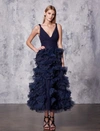 MARCHESA NOTTE NAVY BLUE SLEEVELESS TULLE MIDI TEA DRESS,N18G0465