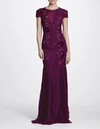 MARCHESA NOTTE SHORT SLEEVE WINE FLORAL EMBROIDERED GOWN,MN18FG0643IS-1