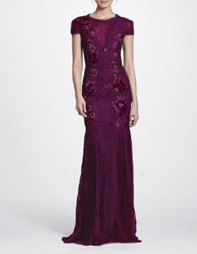 Marchesa Notte Short Sleeve Wine Floral Embroidered Gown