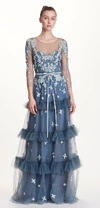 MARCHESA NOTTE Marchesa Notte Blue ¾ Sleeve Tulle Evening Gown N23G0578,N23G0578