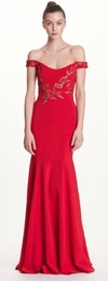 MARCHESA NOTTE RED OFF SHOULDER STRETCH CREPE EVENING GOWN,N22G0582