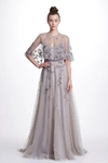 MARCHESA NOTTE MARCHESA NOTTE BLACK SLEEVELESS FLORAL BEADED TULLE EVENING GOWN N23G0592,N23G0592