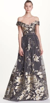 MARCHESA NOTTE Marchesa Notte Silver Floral Off the Shoulder Evening Gown N22G0613,N22G0613