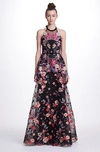 MARCHESA NOTTE BLACK SLEEVELESS HALTER NECK EVENING GOWN,N22G0619