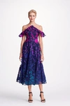 MARCHESA NOTTE NAVY BLUE OMBRE FLORAL EMBROIDERED MIDI TEA DRESS,N19C0498