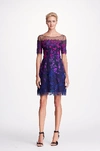 MARCHESA NOTTE NAVY BLUE SHORT SLEEVE OMBRE FLORAL EMBROIDERED DRESS,N19C0542