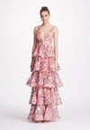 MARCHESA NOTTE SLEEVELESS FLORAL TIERED GOWN,N19G0521