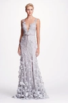 MARCHESA NOTTE Marchesa Notte Silver Sleeveless Embroidered Gown N20G0528,N20G0528