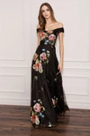 MARCHESA NOTTE BLACK OFF SHOULDER FLORAL EVENING GOWN,N19G0535