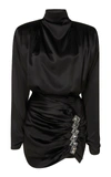 Alessandra Rich Embellished Open-back Ruched Satin Mini Dress In Black