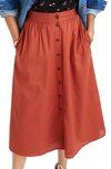 Madewell Palisade Button Front Midi Skirt In Rusty Torch