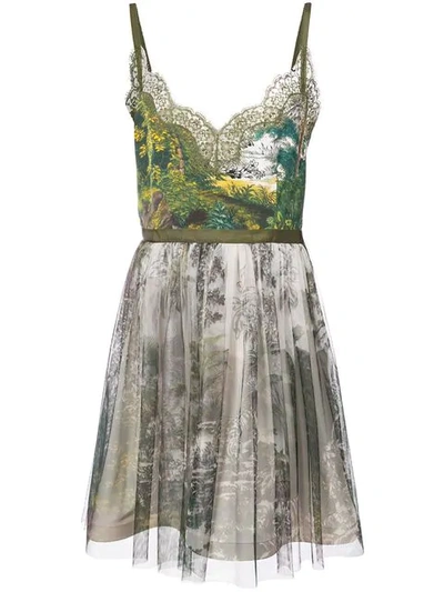 Alberta Ferretti Printed Tulle Dress In Green