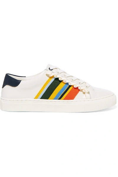 Tory Sport Striped Leather Trainers In Bianco