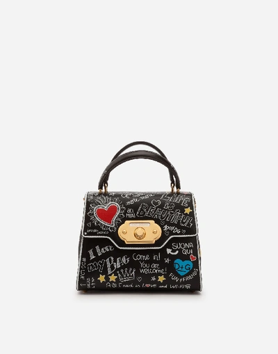 Dolce & Gabbana Welcome Handbag In Mural Print Calfskin In Black