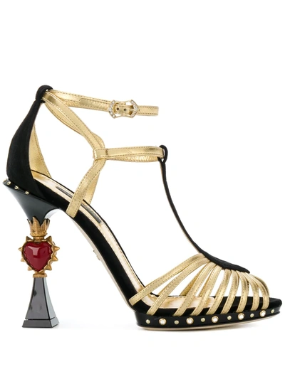 Dolce & Gabbana Heart-plaque Leather And Suede Sandals In Gold