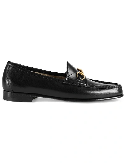Gucci Women Black Calf Leather Moc Stitching Signature Horsebit Detail Almond Toe Slip-on Style Bran