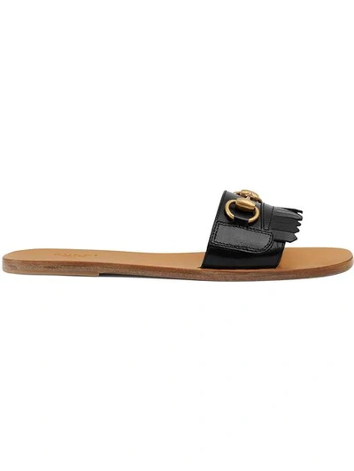Gucci Horsebit-detailed Fringed Leather Slides In Black