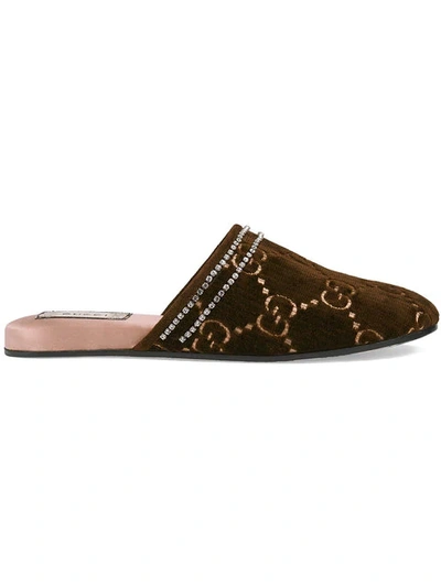 Gucci Rogue Embellished Logo-jacquard Slippers In Marrone