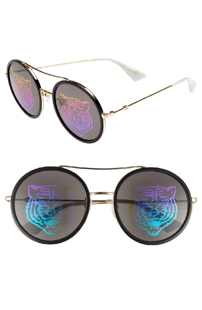 Gucci Angry Cat Metal & Acetate Round Sunglasses In Gold/black/green/pink