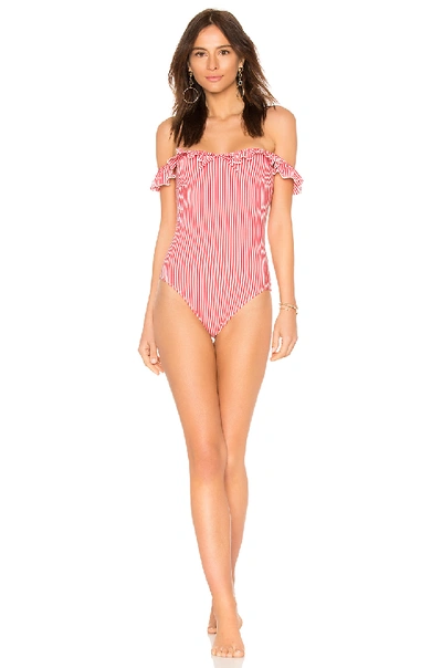 Solid & Striped The Amelia Off-the-shoulder Ruffle-trimmed Seersucker Swimsuit In Red