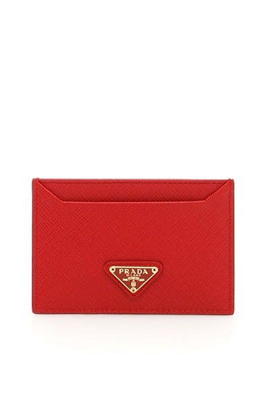 Prada Saffiano Leather Card Holder In Fuocorosso