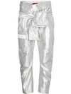 RONALD VAN DER KEMP RONALD VAN DER KEMP SILVER SILK CARGO TROUSERS WITH WAIST TIE - METALLIC,65212670863