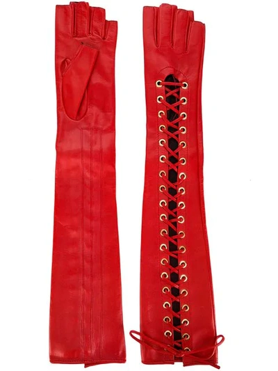 Manokhi Long Fingerless Eyelet Detail Gloves In Red