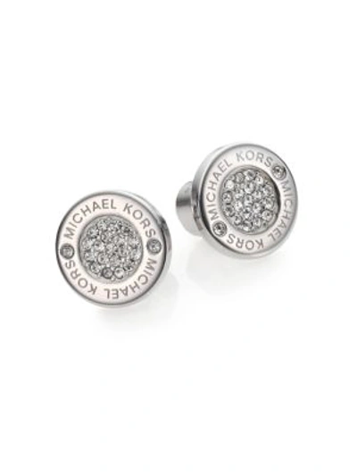 Michael Kors Heritage Plaque Pavé Logo Stud Earrings/silvertone In Silver-tone