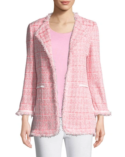 Misook Plus Size Tweed Topper Jacket W/ Fringe Trim In Pink Lemonade/whi