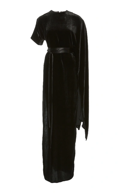 A.w.a.k.e. Asymmetric Draped Velvet Maxi Dress In Black
