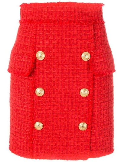 Balmain Button-embellished Tweed Skirt In Red