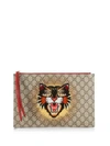 GUCCI Sequin Angry Cat GG Supreme Pouch