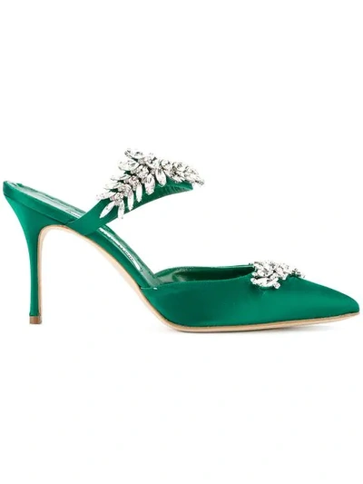 Manolo Blahnik Lurum 90 Crystal-embellished Satin Mules In Green