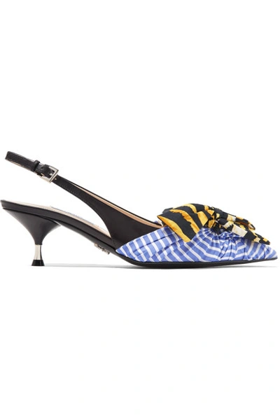 Prada Bow-embellished Leather And Striped Canvas Slingback Pumps In Flight Blue