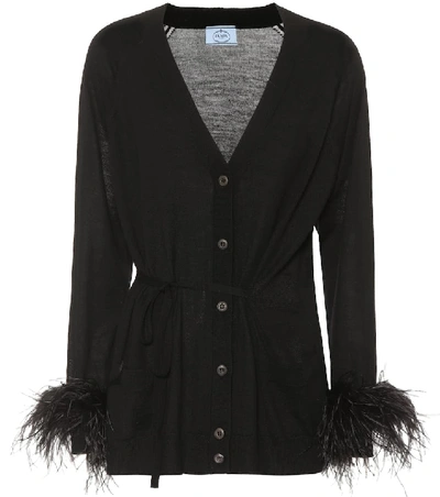 Prada V-neck Feather-embellished Wool Cardigan In Black