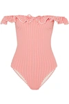 SOLID & STRIPED THE AMELIA OFF-THE-SHOULDER RUFFLE-TRIMMED SEERSUCKER SWIMSUIT