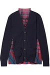 SACAI COTTON AND PLEATED CHECKED SATIN CARDIGAN