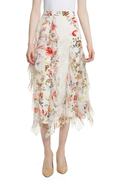 Alice And Olivia Yula Lace Godet Skirt With Floral-print Ruffled Frills In Floral Soiree Soft White